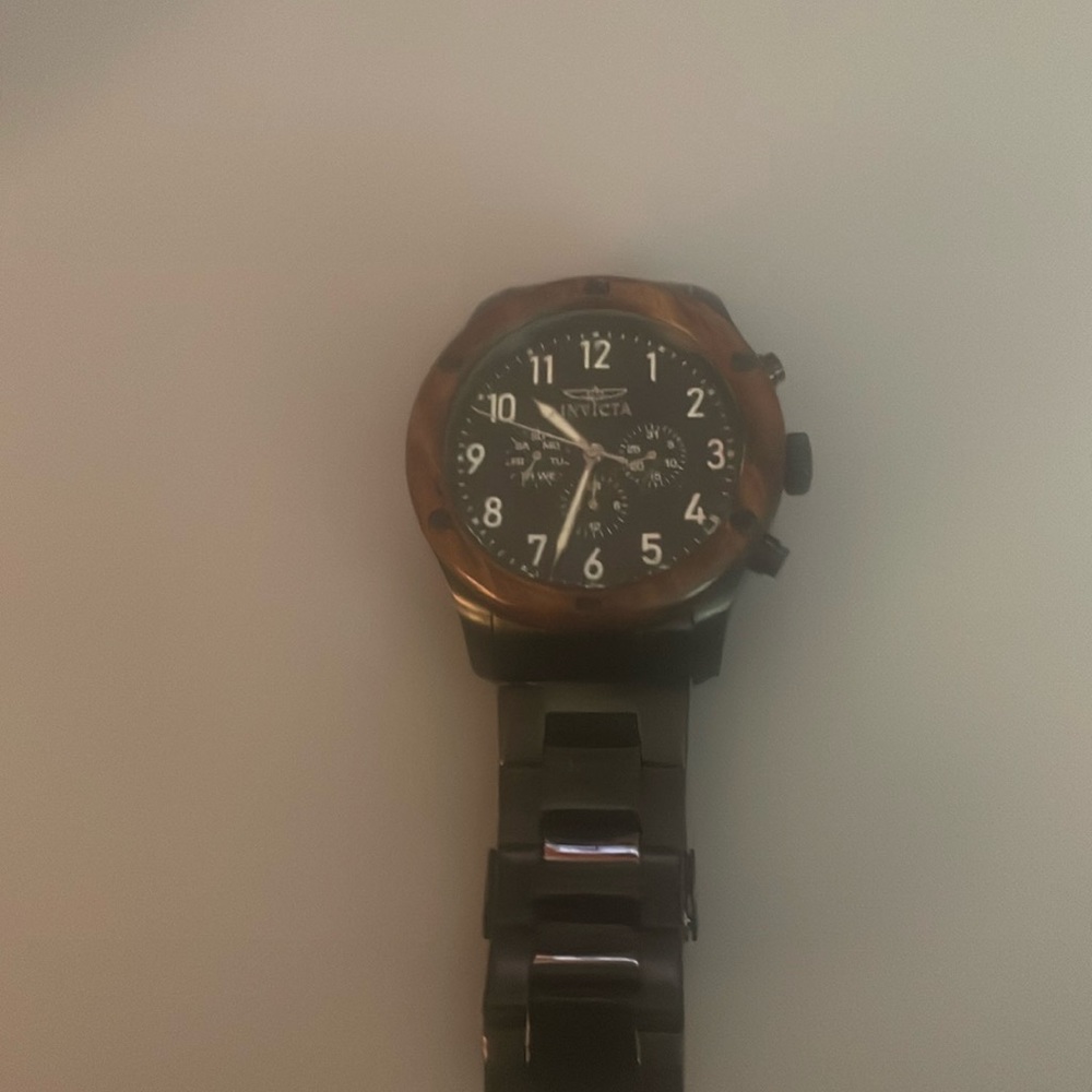 Mens Invicta Black Diver Watch with wood trim